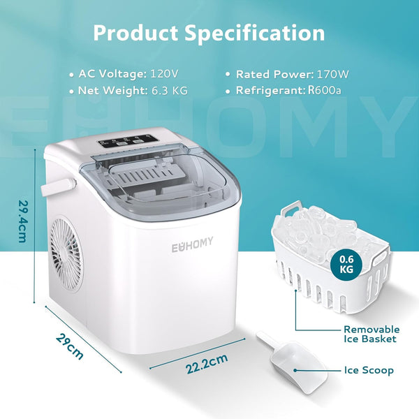 Ice Maker Machine Countertop Ice Cube Maker with Portable Handle, 9 Ice Cubes in 6 Mins, Self-Cleaning Compact Ice Maker 12 kg in 24 Hrs, with Ice Scoop and Basket for Home/Kitchen/Office/Bar