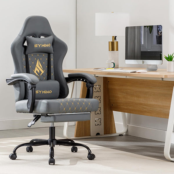 Symino Gaming Chair with Footrest, Computer Ergonomic Video Game Chair, Adjustable Swivel Task Chair with Lumbar Support, PC Chair, Office Chair PU Leather, Grey&White