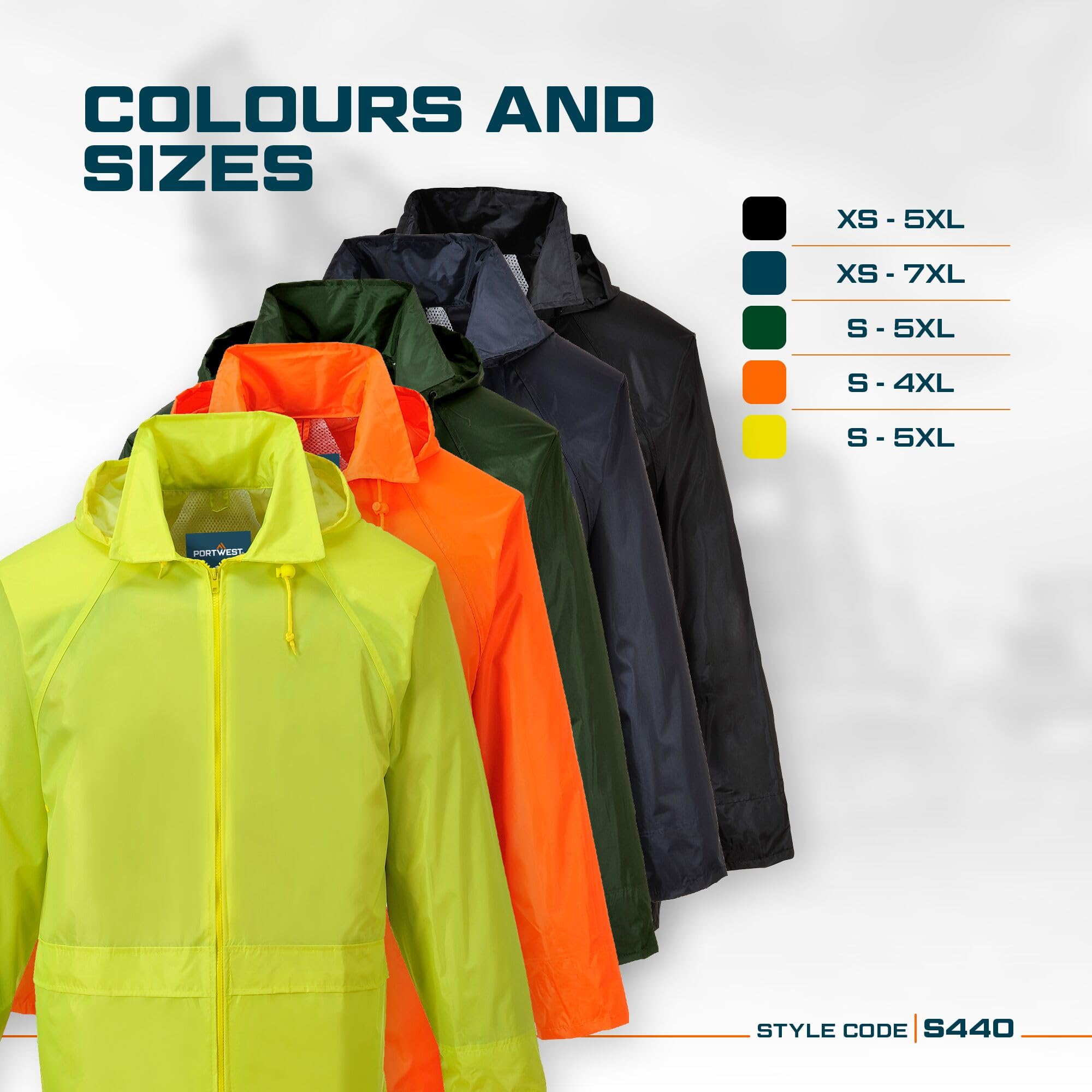Portwest S440 Men's Waterproof Rain Jacket - Lightweight Durable Hooded Weather Protection Safety Jacket Black, 4X-Large