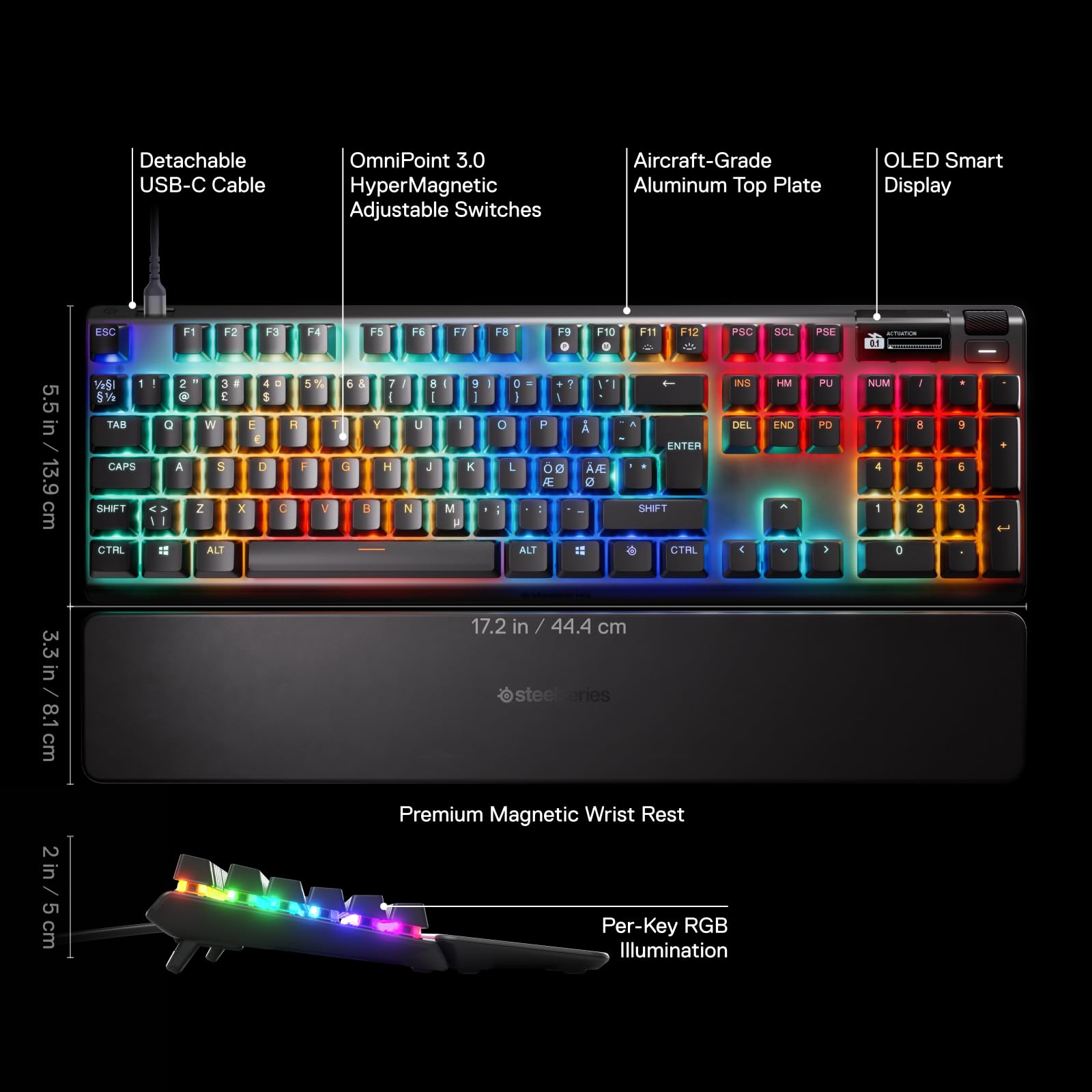 SteelSeries Apex Pro Gen 3 Gaming Keyboard - OmniPoint 3.0 HyperMagnetic Switches - Adjustable Actuation - Rapid Trigger - Game-Ready Presets - Rapid Tap/SOCD - OLED - RGB - USB-C - English QWERTY