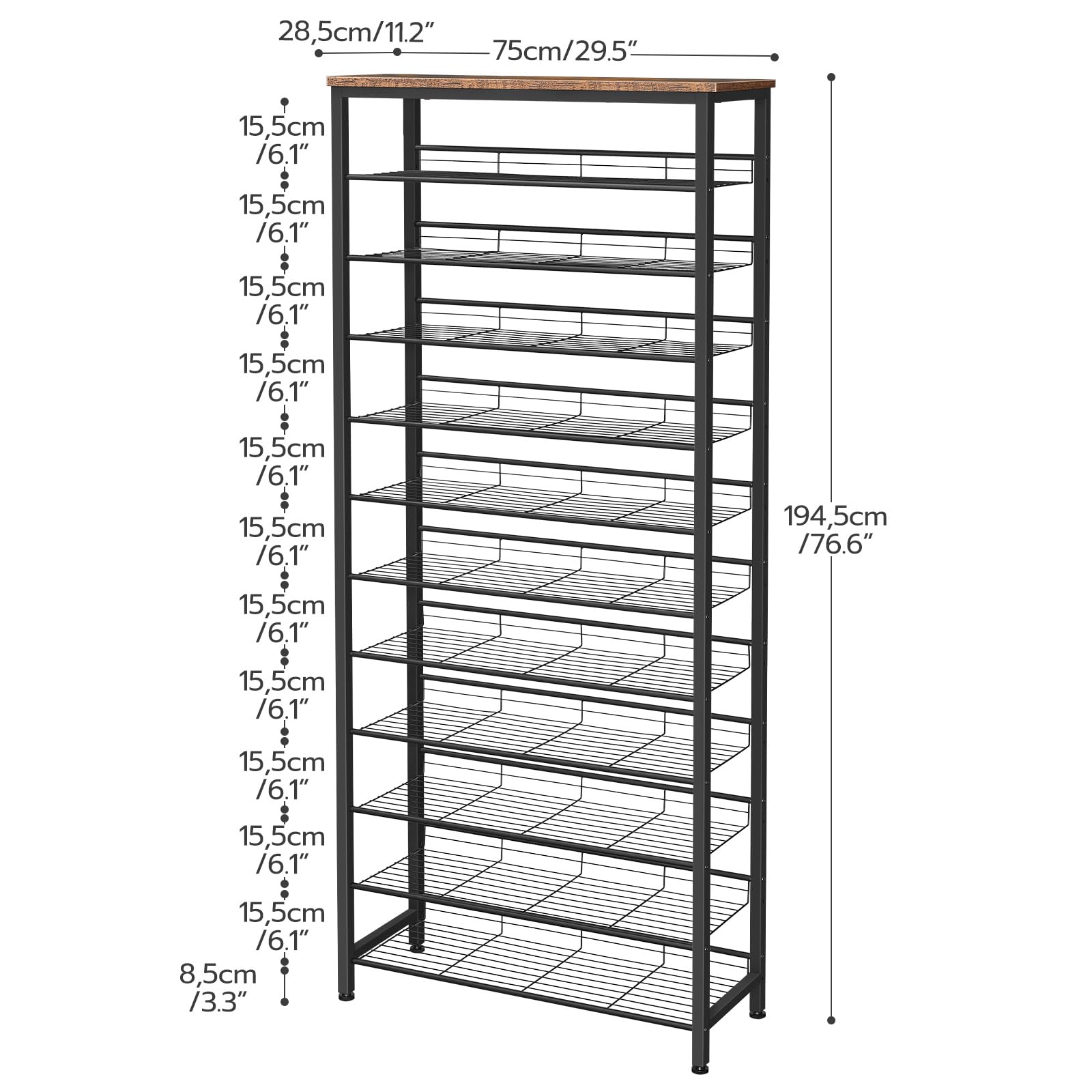 HOOBRO Shoe Rack Tall, Large Capacity Shoe Storage Organizer, 12-Tier Shoe Rack for 44-55 Pairs of Shoes, 75 x 28.5 x 194.5cm, Adjustable Metal