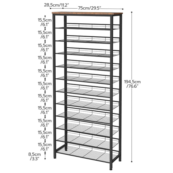 HOOBRO Shoe Rack Tall, Large Capacity Shoe Storage Organizer, 12-Tier Shoe Rack for 44-55 Pairs of Shoes, 75 x 28.5 x 194.5cm, Adjustable Metal