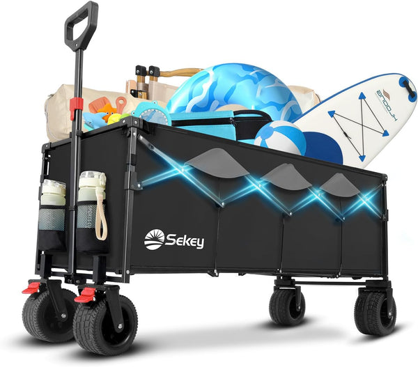 Sekey 400L Folding Beach Trolley, 440lbs Weight Capacity Heavy Duty Collapsible Festival Wagon Cart with Big All-Terrain Wide Wheels & Drink Holders, Foldable Outdoor Wagon for Garden Camping, Black