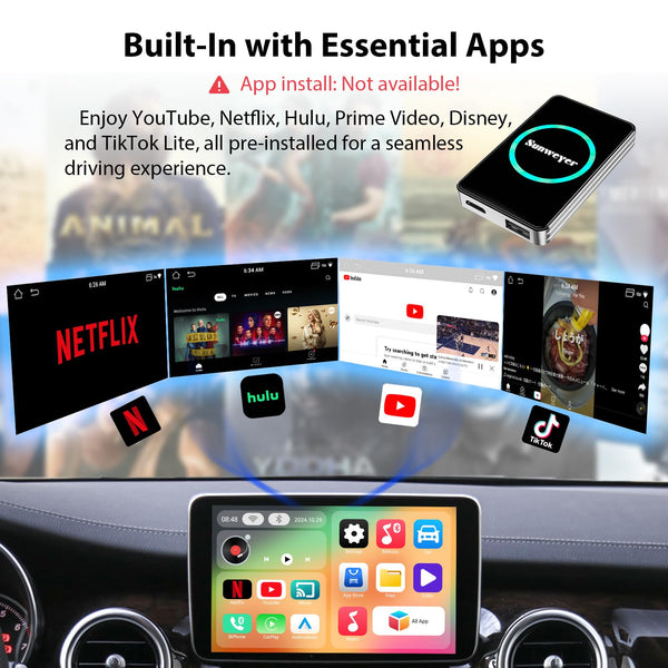 Sunweyer Wireless CarPlay Adapter Car Streaming Device Ai Box Support Netflix, YouTube, Hulu, Disney+, Android Auto Wireless Adapter with LED Ambient Light, Easy to Setup 3 in 1, Dual WiFi Bluetooth