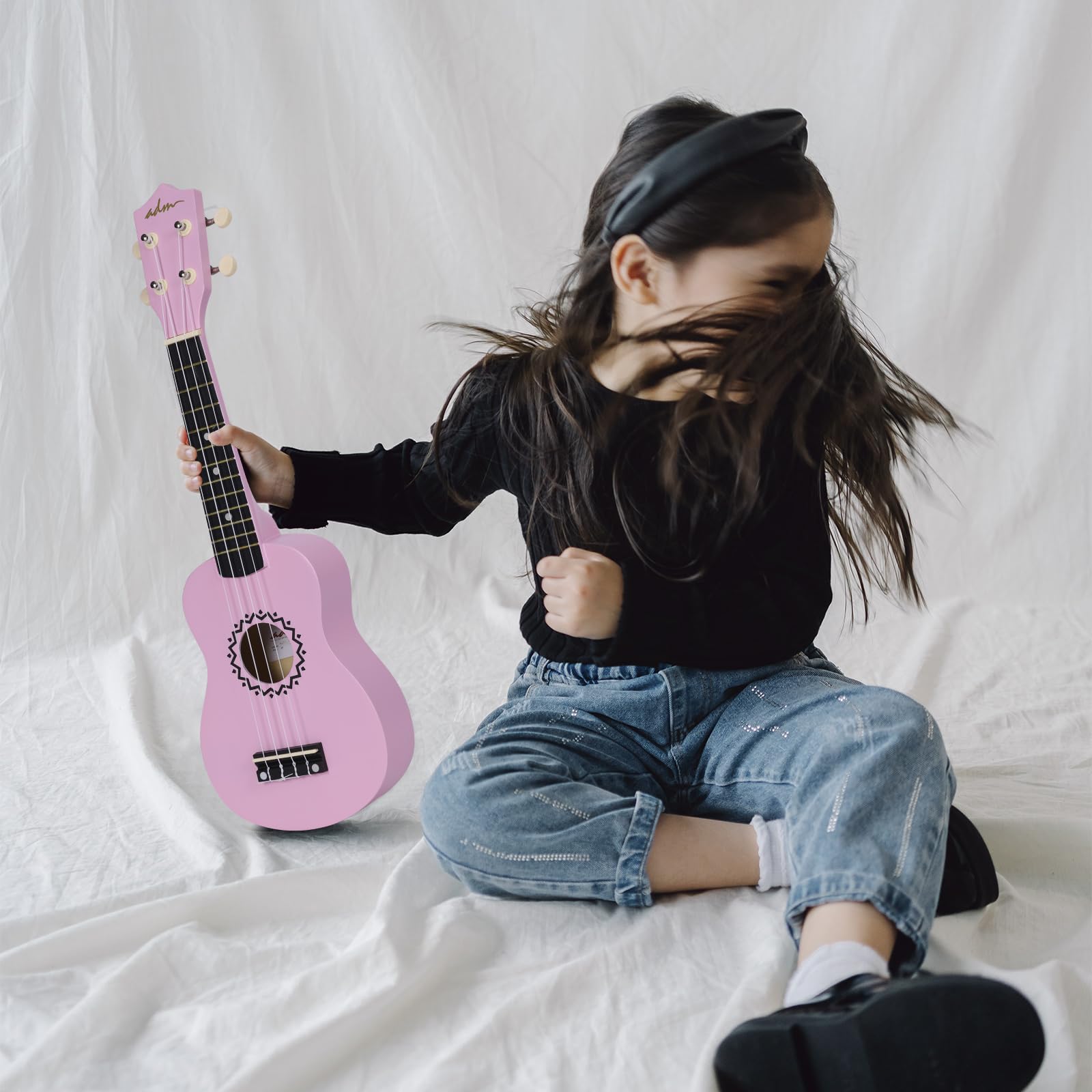 ADM Soprano Ukulele Set for Kids and Beginners, Ukulele Starter Kit with Bag, Clip-On Tuner, Rainbow Strings, Colourful Strap, Plectrum, Fingerboard Sticker, Chord Card (Dark Blue)