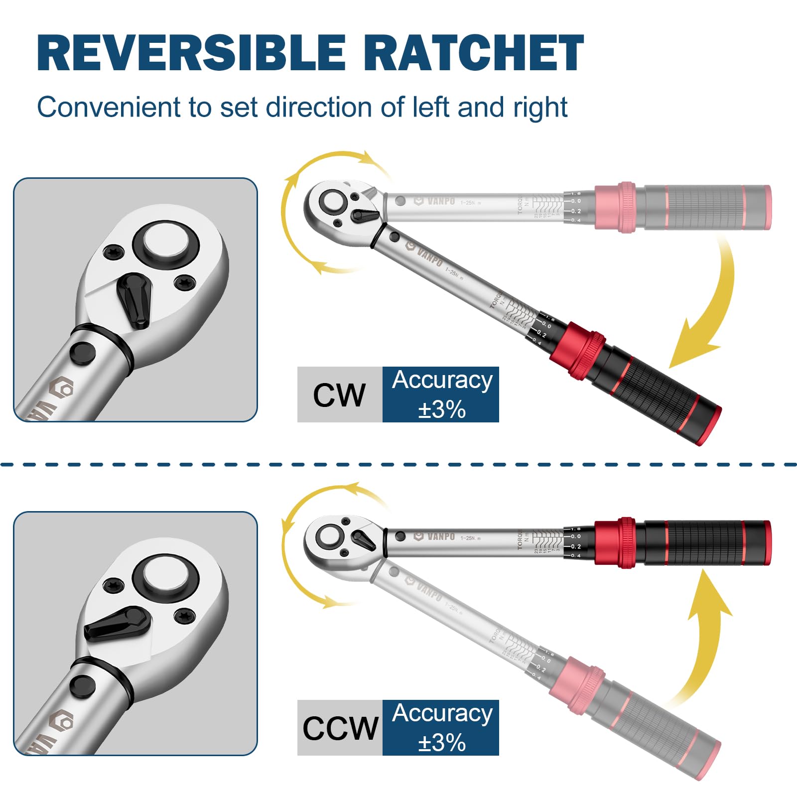VANPO Torque Wrench 3/8” Drive, 5-60 NM, ±3% Accuracy, 72 Tooth Click Torque Wrench Set with 3/8 to 1/4 Adapter, 125 mm Extension Bar for Bike and Motorcycle, Car Spark