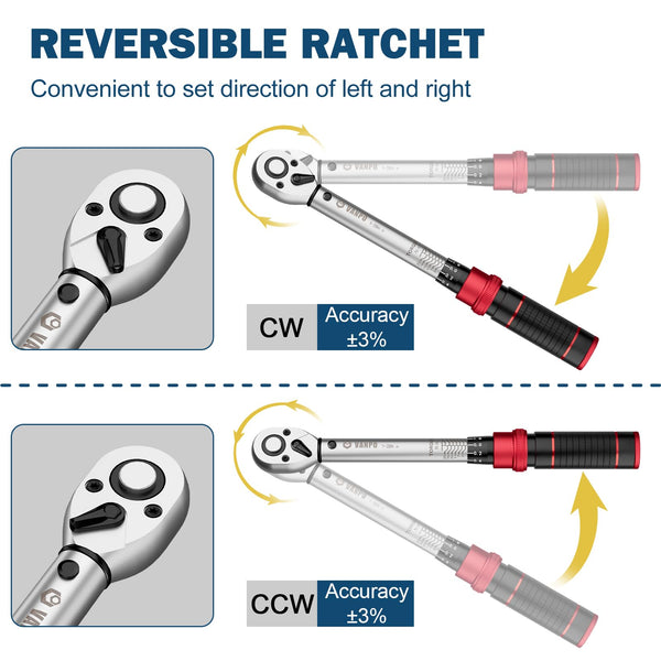 VANPO Torque Wrench 3/8” Drive, 5-60 NM, ±3% Accuracy, 72 Tooth Click Torque Wrench Set with 3/8 to 1/4 Adapter, 125 mm Extension Bar for Bike and Motorcycle, Car Spark