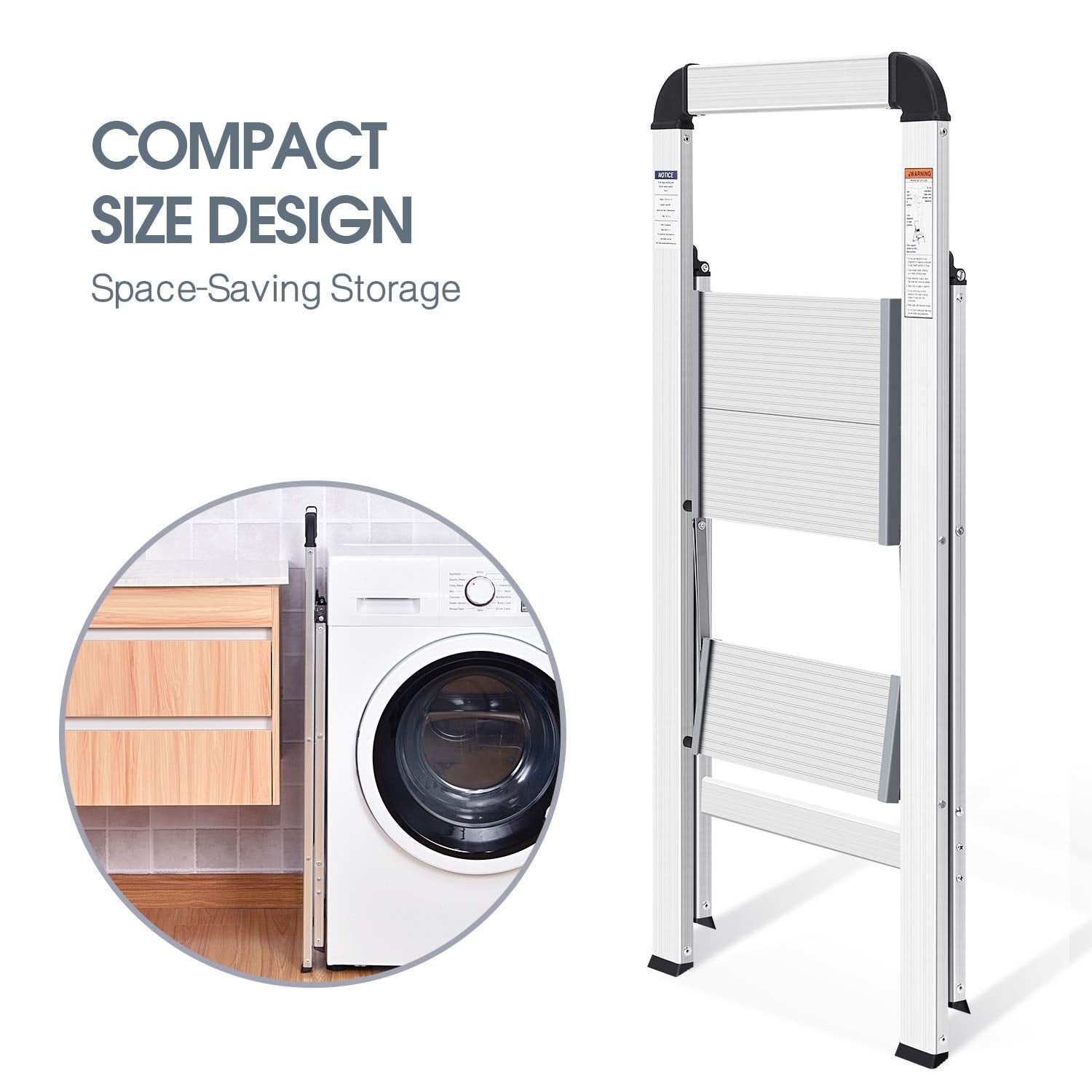 KINGRACK 2 Step Ladder with Handrail, Non-Slip Household Ladder with Folding Safety, Aluminium Folding Step Stool, Maximum Load 150 kg, Black