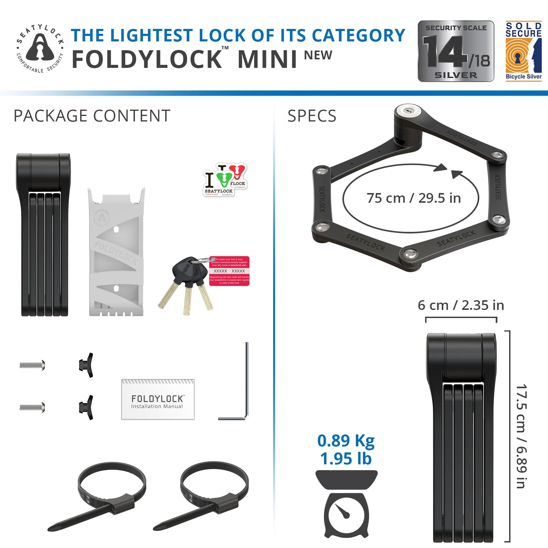 FoldyLock Mini Folding Bike Lock - Patented Lightweight Bicycle Lock - Heavy Duty Anti Theft Smart Secure Guard with Key and Case for Electric Scooter