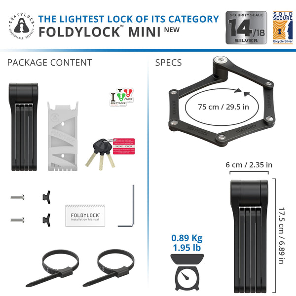 FoldyLock Mini Folding Bike Lock - Patented Lightweight Bicycle Lock - Heavy Duty Anti Theft Smart Secure Guard with Key and Case for Electric Scooter