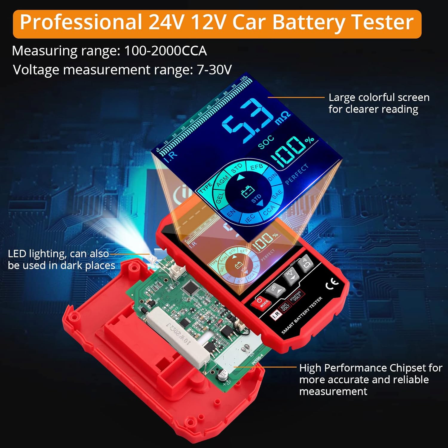 Neoteck 24V 12V Car Battery Tester, 100-2000 CCA Load Tester Automotive Alternator Tester Digital Auto Battery Analyzer Cranking Charging Systems Tester, Battery Analyzer for Cars Trucks Ship SUV