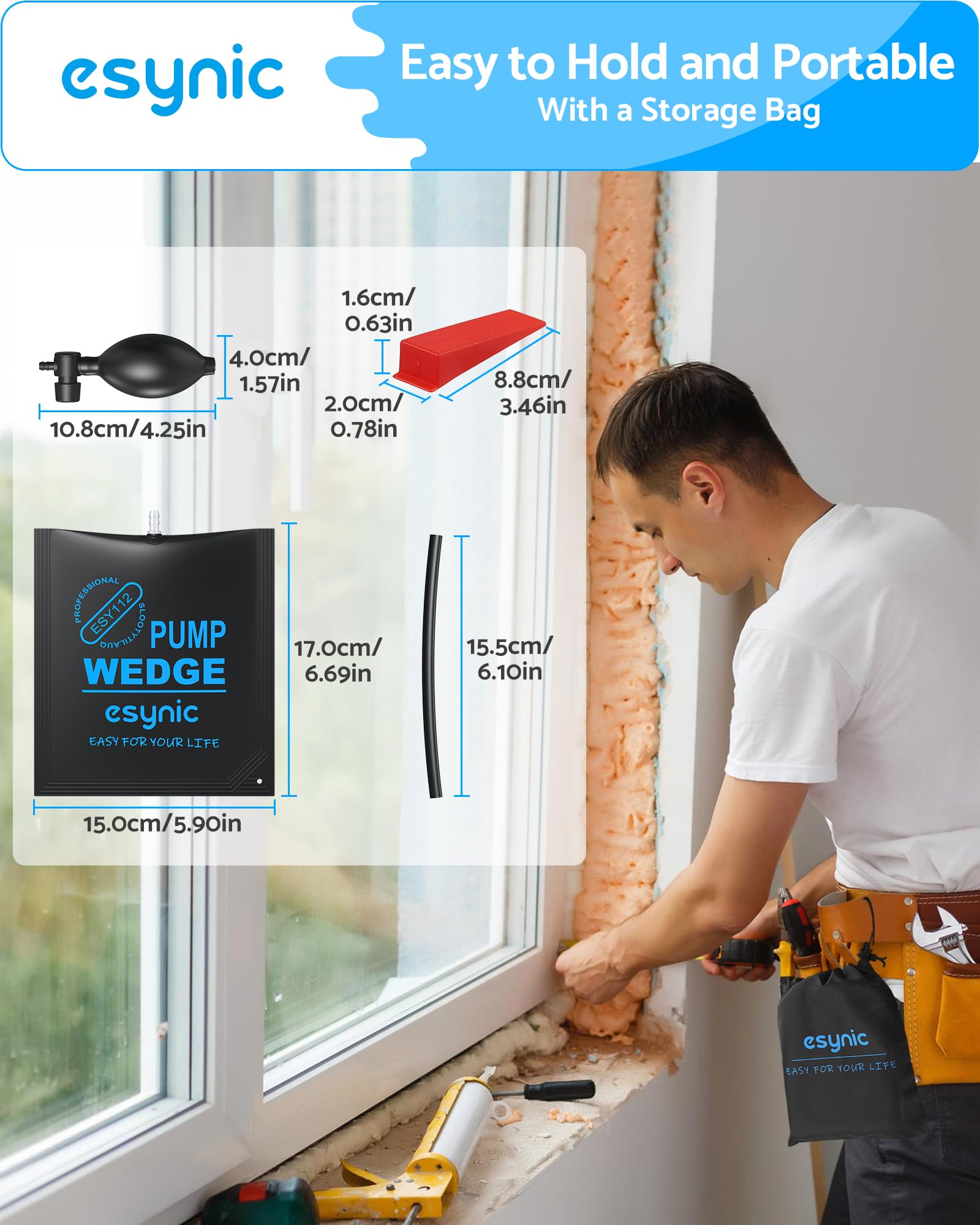 eSynic 3Pack Air Wedge Pump up Bag Inflatable Wedge Winbags Smooth TPU Air Bags for Lifting Door Air Wedge Door Lifter Pump Load-Bearing 297 Pounds/134KG with 4 Plastic Wedges-Blue