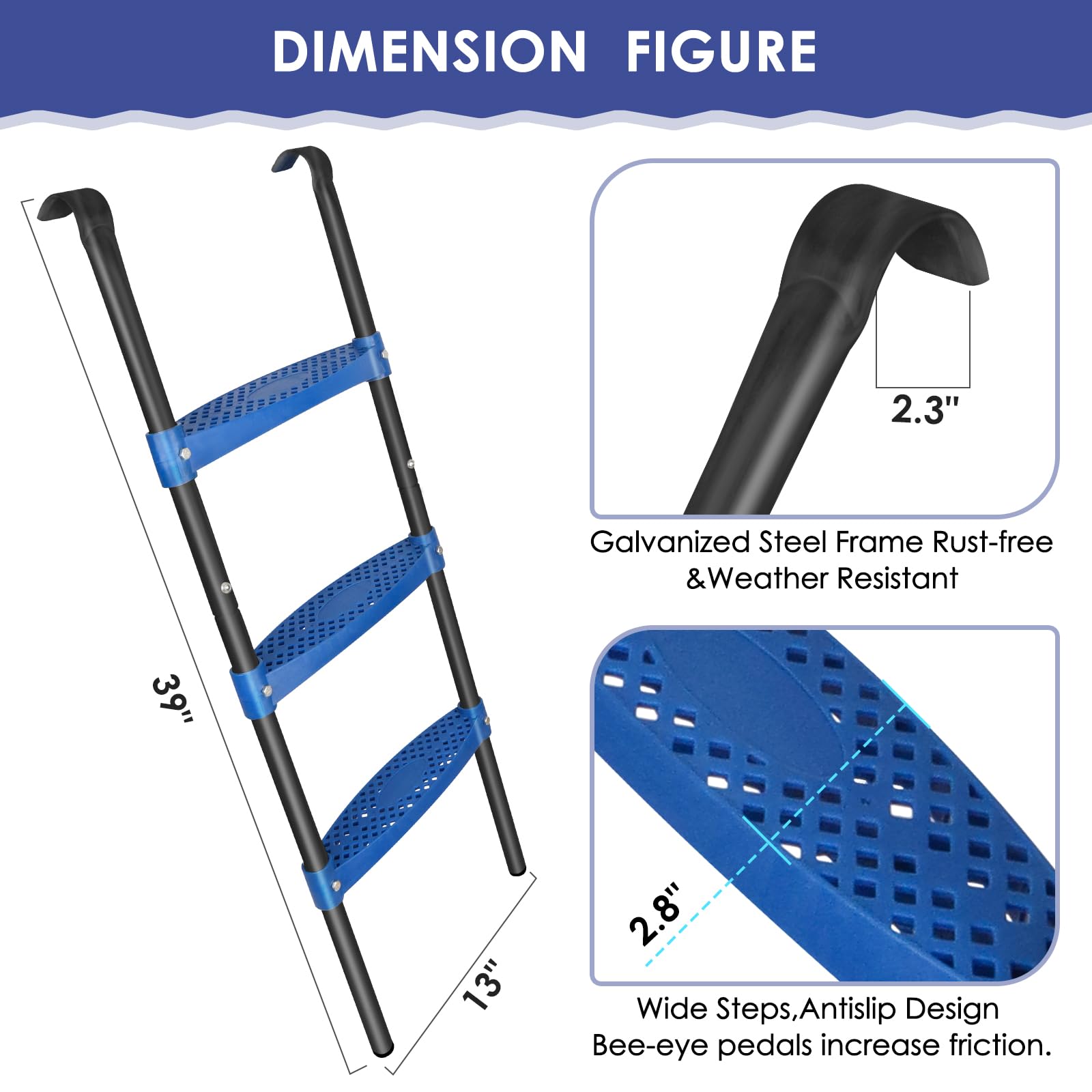 New Upgraded Universal Trampoline Ladder - 3-Step Rust-Proof Steel With Wide Non-Slip Steps, 39-Inch Long Accessory With Blue Floor Mat