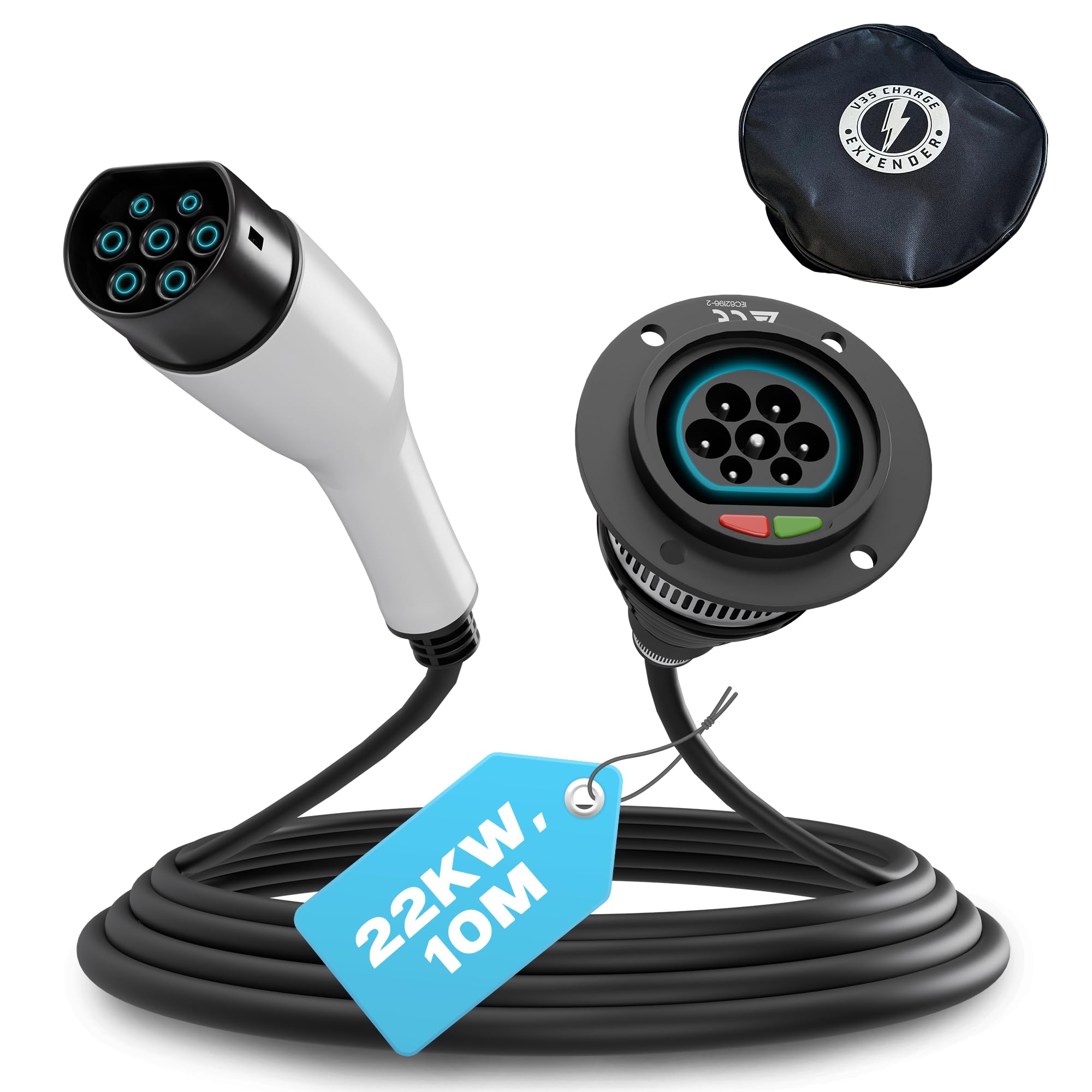 Electric Car Type 2 Charging Cable Extension, 10M 11kW, Female to Male Connection, 3 Phase, 32 A Heat & Pressure Resistant, Waterproof, 5 Meter, Fits: Tesla, BMW, VW, MG, Audi, KIA