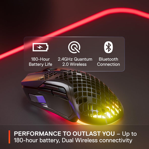 SteelSeries Aerox 5 Wireless - Holey RGB Gaming Mouse - Ultra-lightweight Water Resistant Design - 9 Buttons - Lag-free 2.4GHz / Bluetooth Wireless - 18K DPI TrueMove Air Optical Sensor