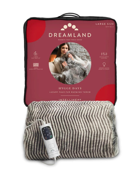 Dreamland Hygge Days Electric Blanket – Heated throw - Zebra, Luxury Faux Fur, 5-minute Fast heat up, 6 temperature settings, 1/3/9-hour auto timer, Electric throw, Machine Washable, 160x120cm