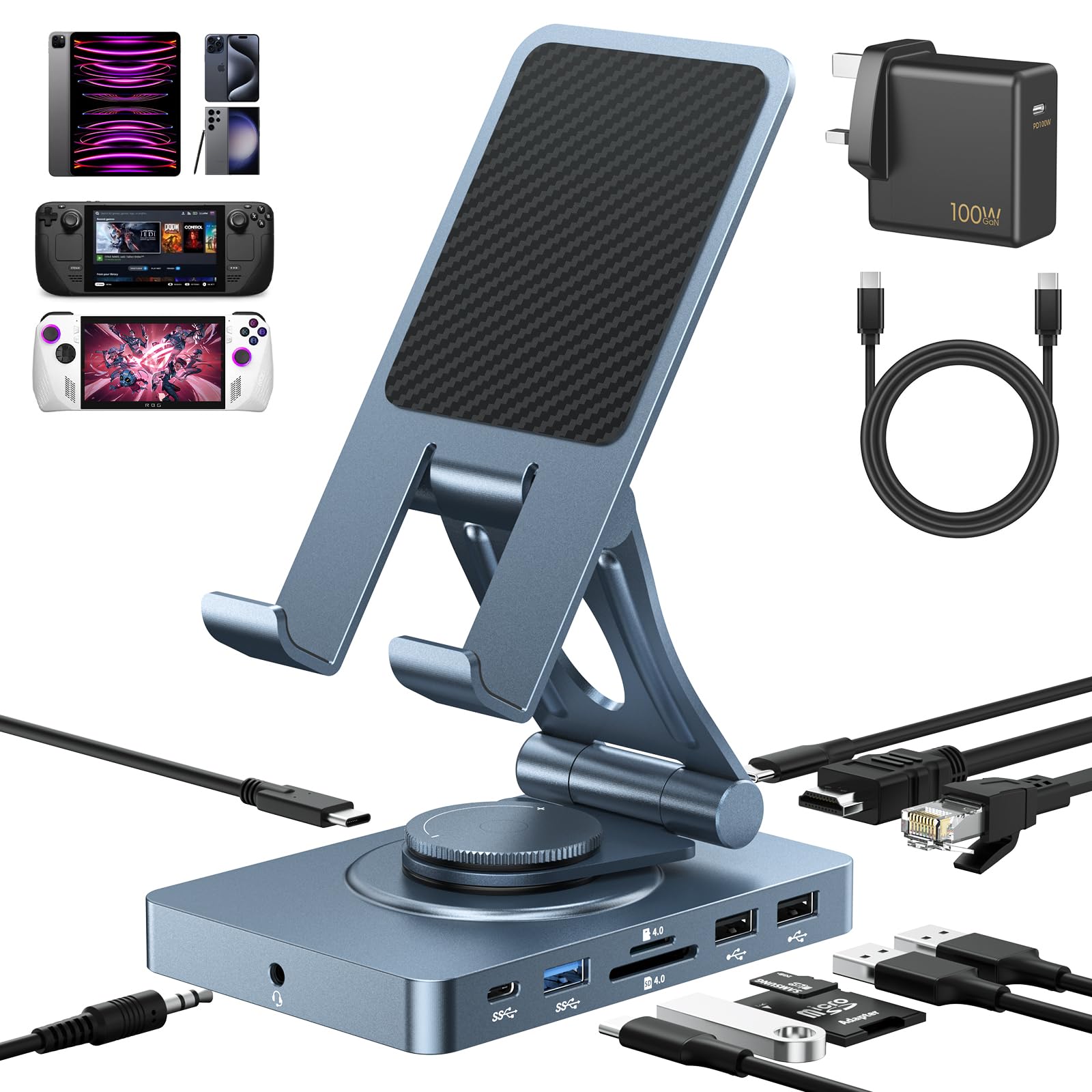 360° Rotating iPad/iPad Pro USB C Docking Station, 11-in-1 with SD TF 4.0 Reader, 4K@60Hz HDMI, RJ45, Audio, USB A, USB C, For Tablet, Steam Deck, ROG Ally, Legion Go, Msi Claw, Samsung, etc