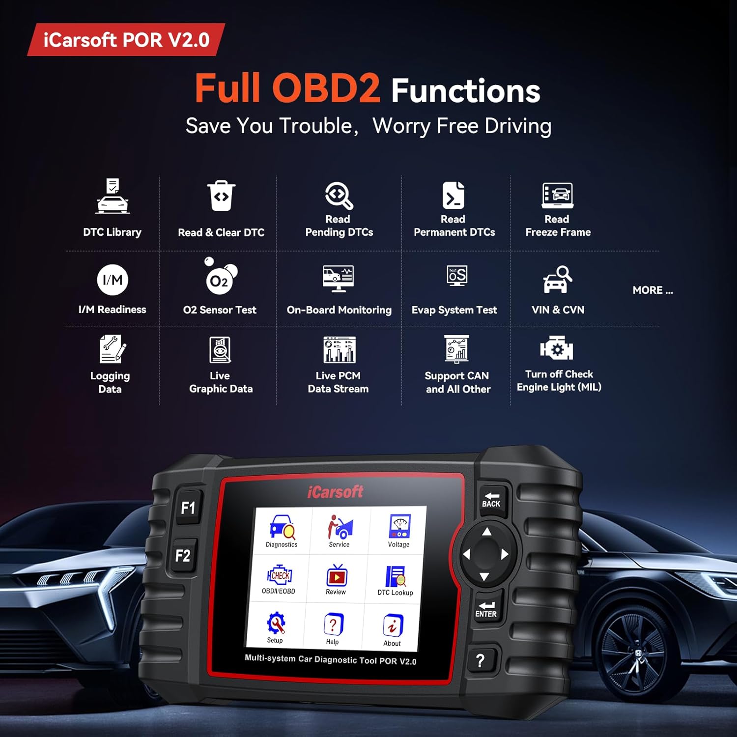 iCarsoft POR V2.0 OBD Diagnostic Tool for Porsche/Cayenne, Full Systems Diagnostic Scan Tool, OBD2 Scanner with 9 Reset Services, Oil/SAS/EPB/BMS/ETC/DP-F/BLD/INJ/TPMS, Battery Test, Free Upgrade