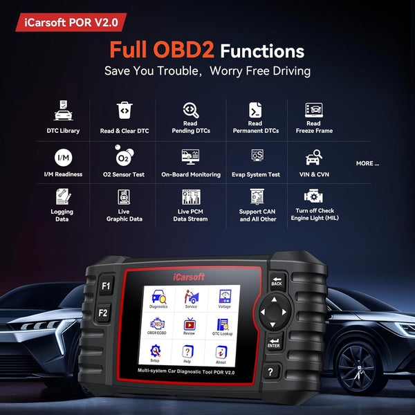 iCarsoft POR V2.0 OBD Diagnostic Tool for Porsche/Cayenne, Full Systems Diagnostic Scan Tool, OBD2 Scanner with 9 Reset Services, Oil/SAS/EPB/BMS/ETC/DP-F/BLD/INJ/TPMS, Battery Test, Free Upgrade