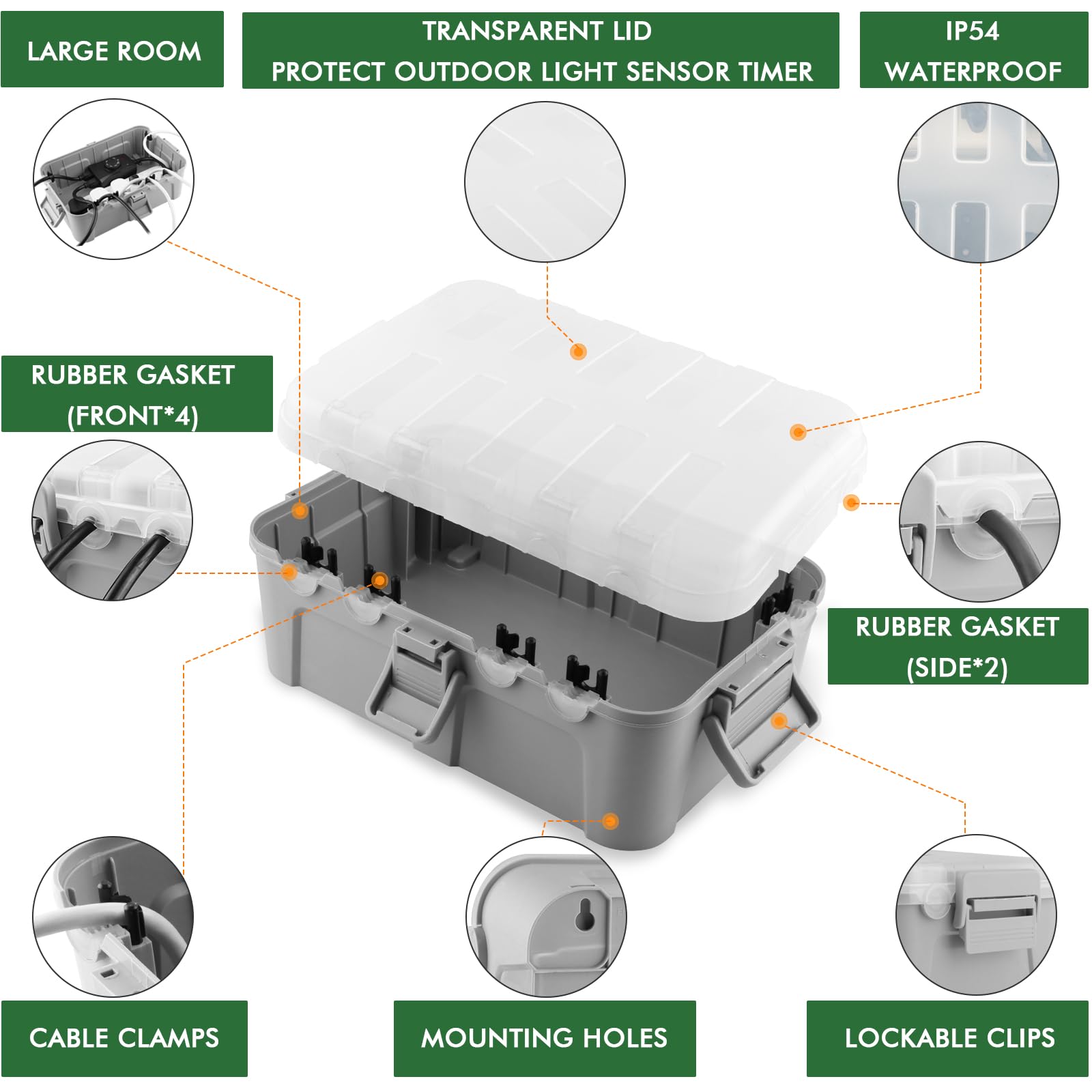 RESTMO Extra Large Waterproof Electrical Box, IP54 Weatherproof Outdoor Outlet Cover, Protect Outlet, Plug, Timer, Power Strip (Not Included), Holiday Light Decoration, 32 x 22 x 13 cm, Black
