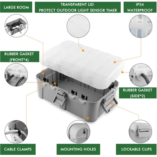 RESTMO Extra Large Waterproof Electrical Box, IP54 Weatherproof Outdoor Outlet Cover, Protect Outlet, Plug, Timer, Power Strip (Not Included), Holiday Light Decoration, 32 x 22 x 13 cm, Black