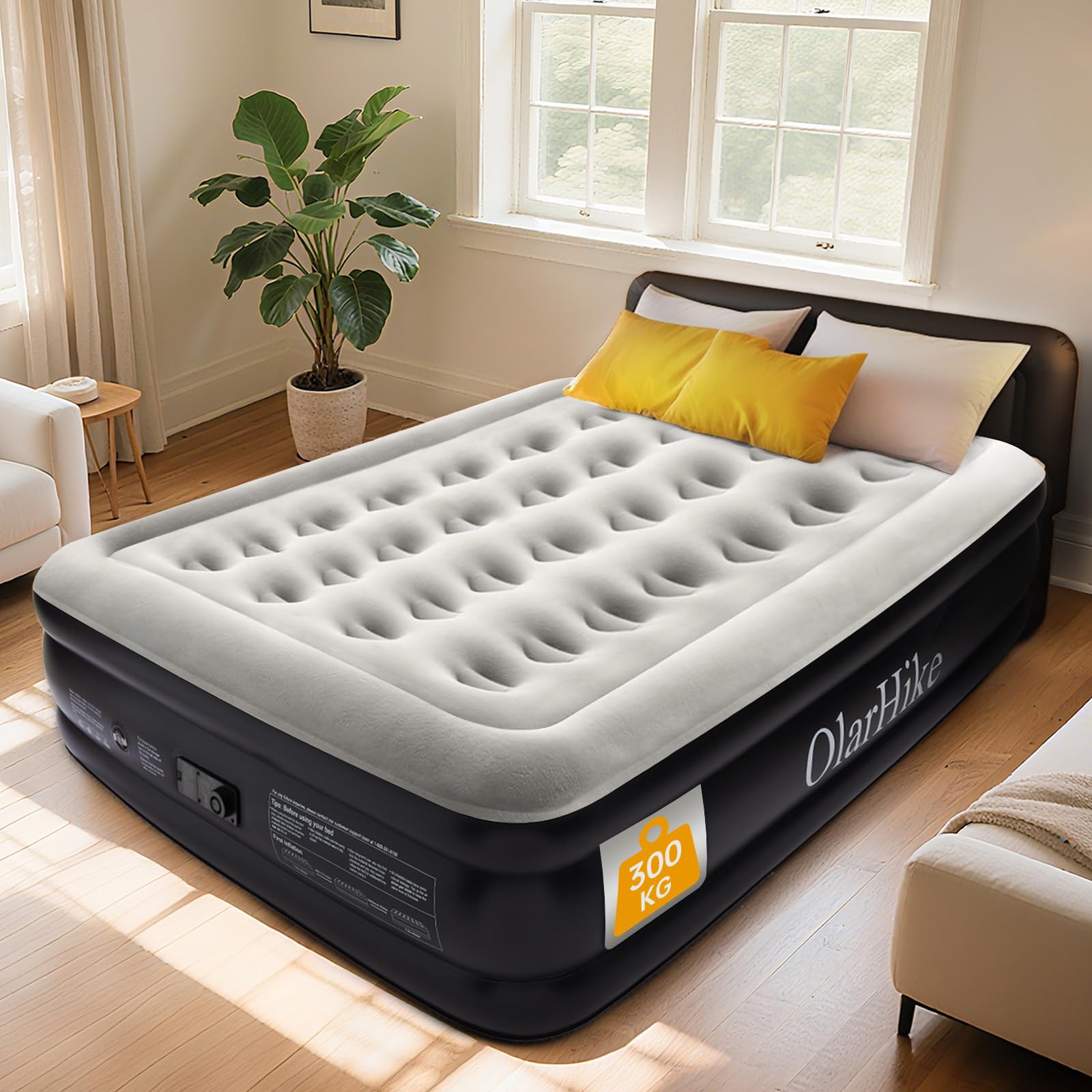 OlarHike Inflatable Mattress, Air Bed Double with Built-in Electric Pump, King Size Blow Up Self Inflating Guest Airbed with Flocked Surface for Camping or Home Use, 190cm L x 140cm W x 46cm H(Black)