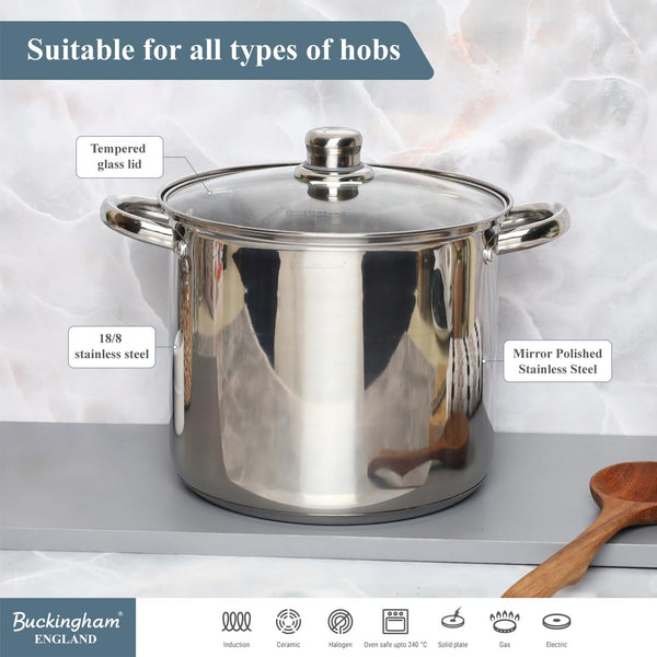 Buckingham Stainless Steel Stock Pot with lid Multipurpose Large Cooking Pot for Soups Stews (11 Litre)