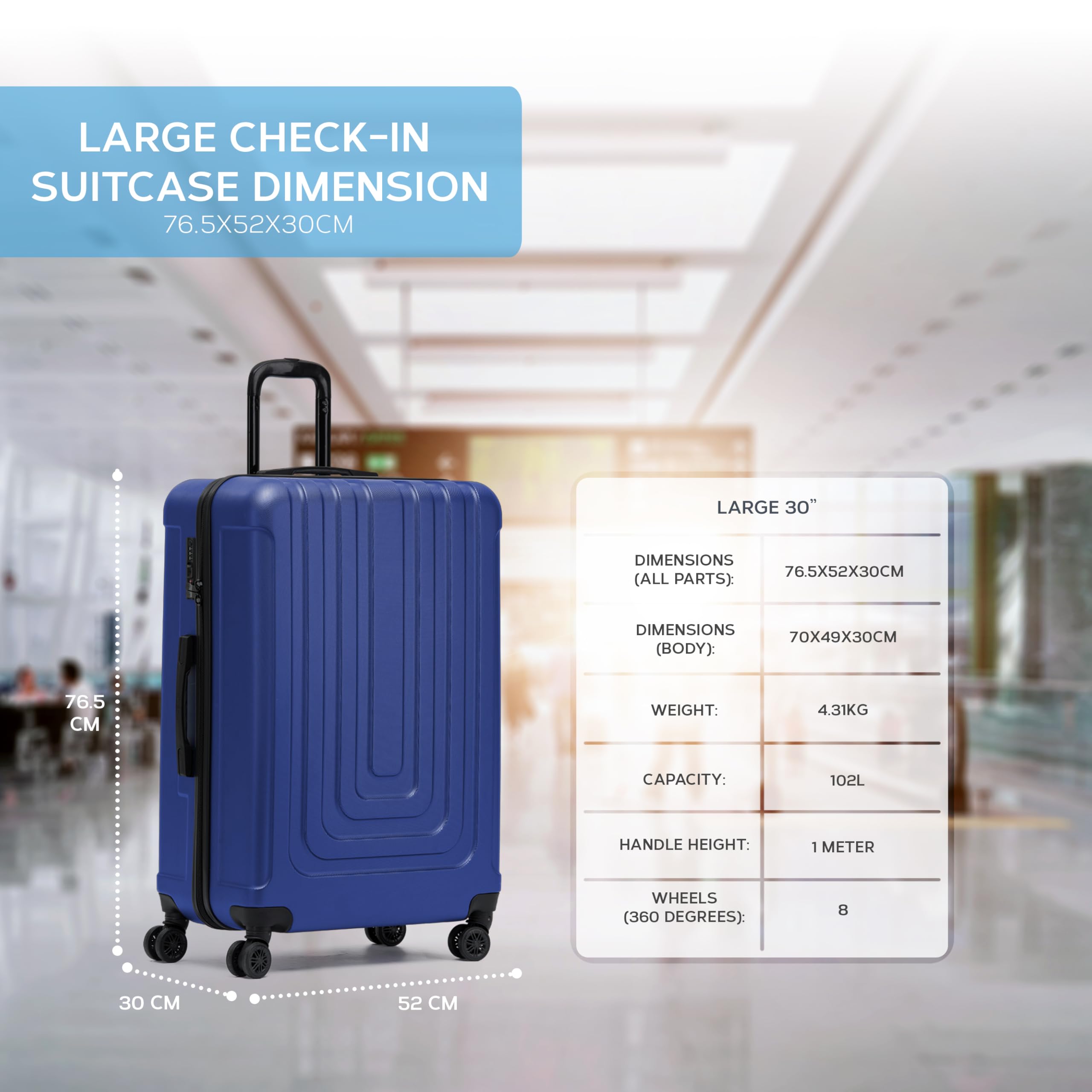 Flight Knight Premium Lightweight Suitcase - Built-in TSA Lock - 8 Spinner Wheels - ABS Hard Shell Check in Highly Durable Luggage - Medium - 67x45x26cm