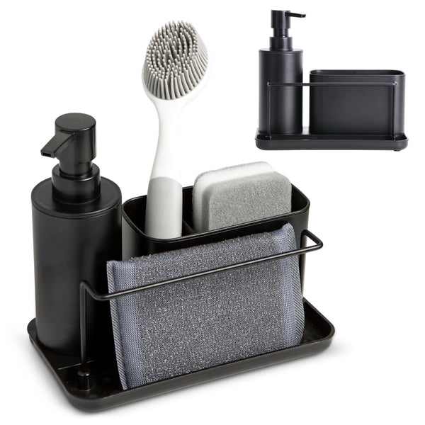 KOOK TIME Kitchen Sink Organiser with Built-in Soap Dispenser | Multifunctional Washing-Up Caddy in Durable ABS | Sponge, Brush & Dishcloth Holder |