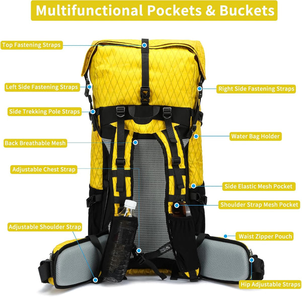 POWER KING 40L Expandable TO 50L Hiking Backpack,Upgraded X-PAC Scratch-proof Lightweight Large Rucksack for Mens Women, Outdoor Roll Top Camping Packsack, Fit for 15.6'' Laptop