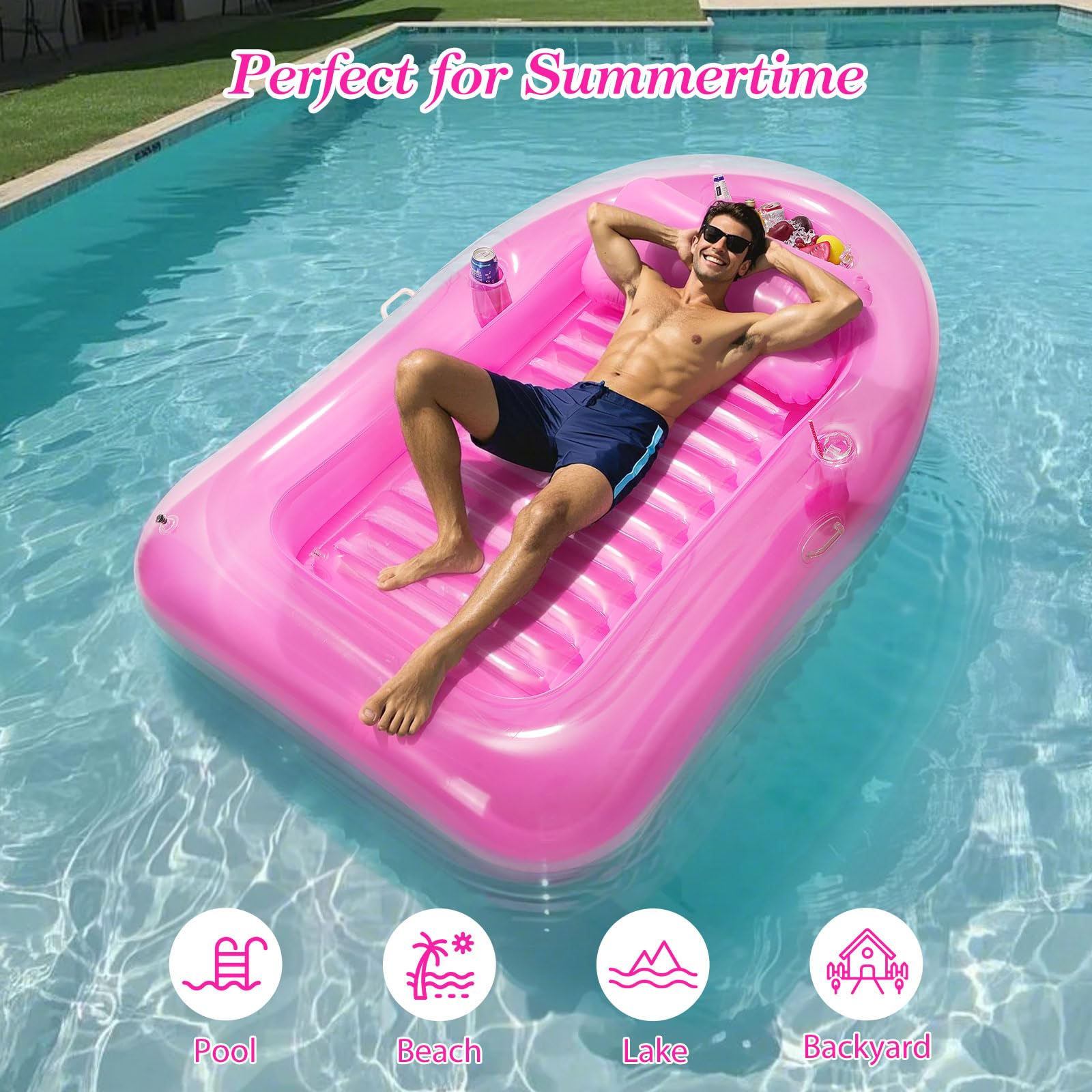 MoKo Pool Floats Adult, Floating Bed with Ice Bar, Tanning Bed Pool Raft Inflatable Lounger with Drink Holder Tanning Chair Inflatable Pool Toys for Party Beach Backyard