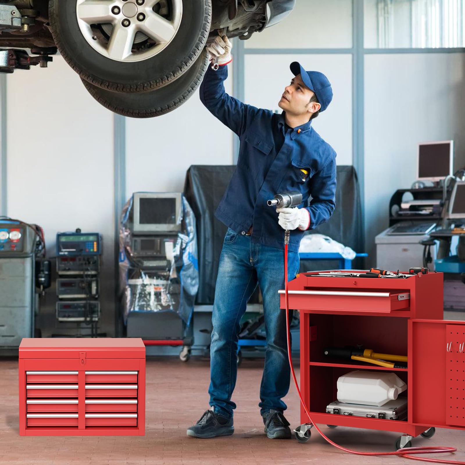 COSTWAY Large Rolling Tool Cabinet, 2-in-1 Detachable Metal Tool Chest with Drawers, Wheel, Handle, Hooks & Pegboard, Lockable Tool Box Trolley for Garage Workshop (with Middle Compartment, Black)