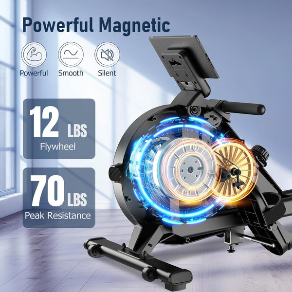 Rowing Machine, MOSUNY Ultra-Quiet Magnetic Rowing Machines for Home Gym with 16/32 Level Resistance & App Support, Upgrade Smooth Double Glide System, 350LBS Capacity Foldable Rower with LCD Monitor