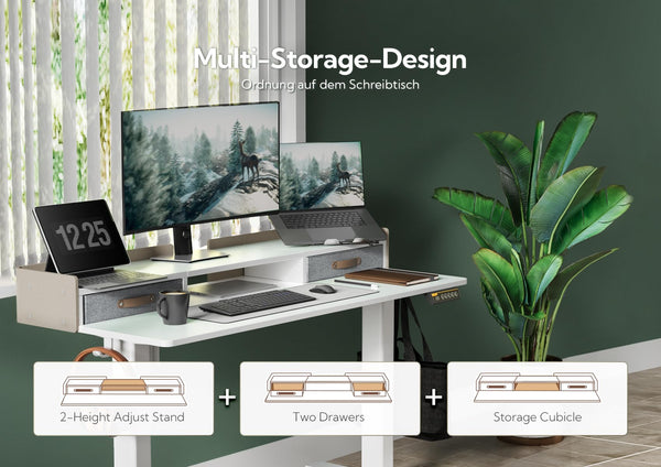 Claiks Electric Standing Desk with Drawers, 120x60cm Height Adjustable Desk with Storage Shelf and Splice Board, Stand Up Desk for Home Office, White Frame/Maple Top