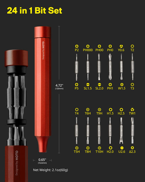 HOTO Precision Screwdriver Set, 24-in-1 Multi-Bit Screwdriver, Mini Hand Set with 12 Double End S2-Steel Bits, Ideal for Phone/Glasses/Watches/Laptop, Cinnabar Red
