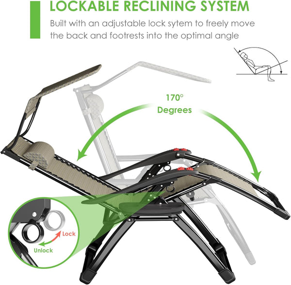 ATORPOK SHOP Zero Gravity Chair with Canopy Shade, Patio Folding Lounge Recliners, Anti Gravity Chair Lawn Patio with Cup Holder Accessory for Garden Beach Camping