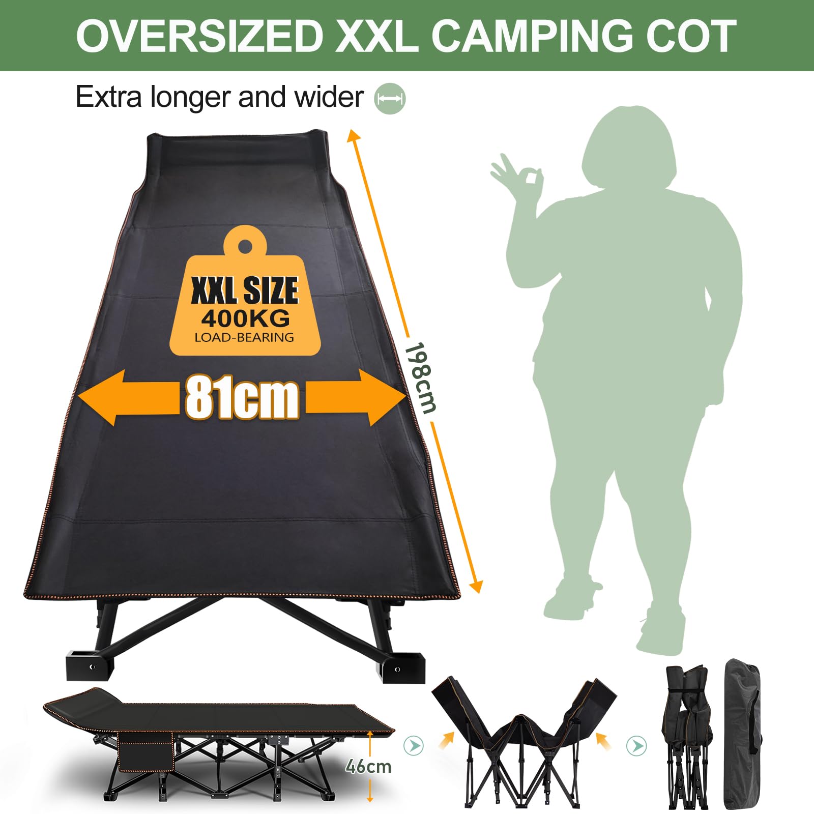 Meulbaty Oversized Folding Camp Bed with Mattress - 46cm Wide, 400KG Heavy Duty Steel Frame and Oxford Cloth, 198x81x46 cm Camping Cot, Great for Adults, Garden and Trip (XXL Black)