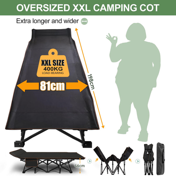 Meulbaty Oversized Folding Camp Bed with Mattress - 46cm Wide, 400KG Heavy Duty Steel Frame and Oxford Cloth, 198x81x46 cm Camping Cot, Great for Adults, Garden and Trip (XXL Black)