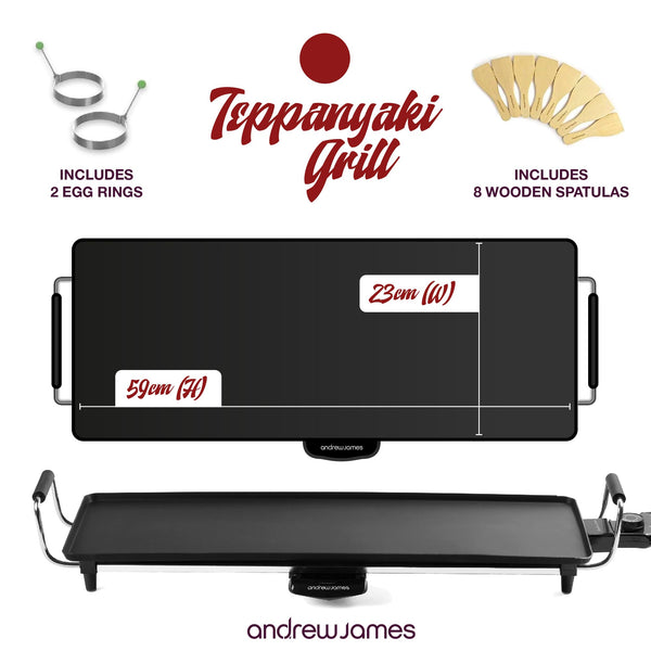 Andrew James Teppanyaki Grill Plate | XL Non-Stick Flat top Grill with Hot Plate | Teppanyaki Electric Griddle with 8 Wooden Spatulas and 2 Cooking