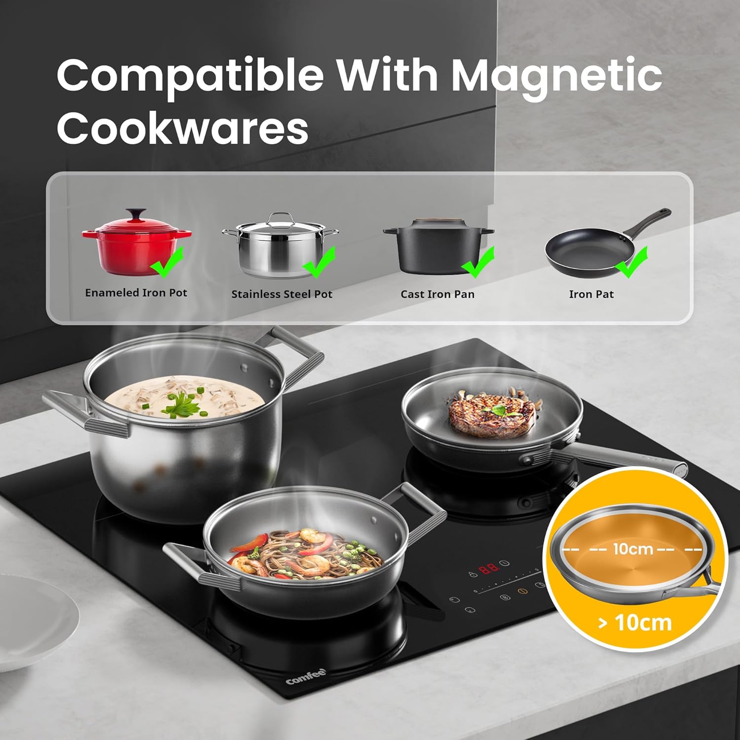 COMFEE' Induction Hob 7400 WATT with 4 Zones Induction Stove with Flexible Zone Built-in induction cooktop,Wiring, Touch control, Automatic Switch-Off, Child Safety Lock, No Plug Included