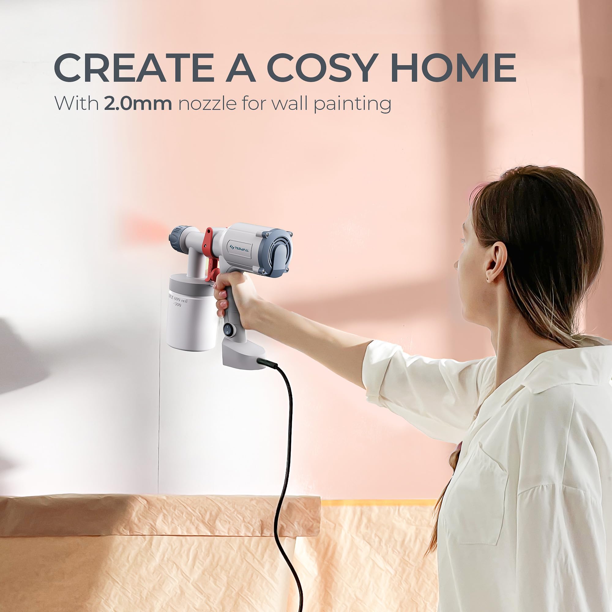Tilswall Paint Sprayer, Ultra-Light Electric Paint Spray Gun with 600ml Detachable Cup, 2 Nozzles & 3 Patterns - Perfect for Fences, Sheds, Walls, Ceilings, Furniture, Cabinets, Garden & DIY, White