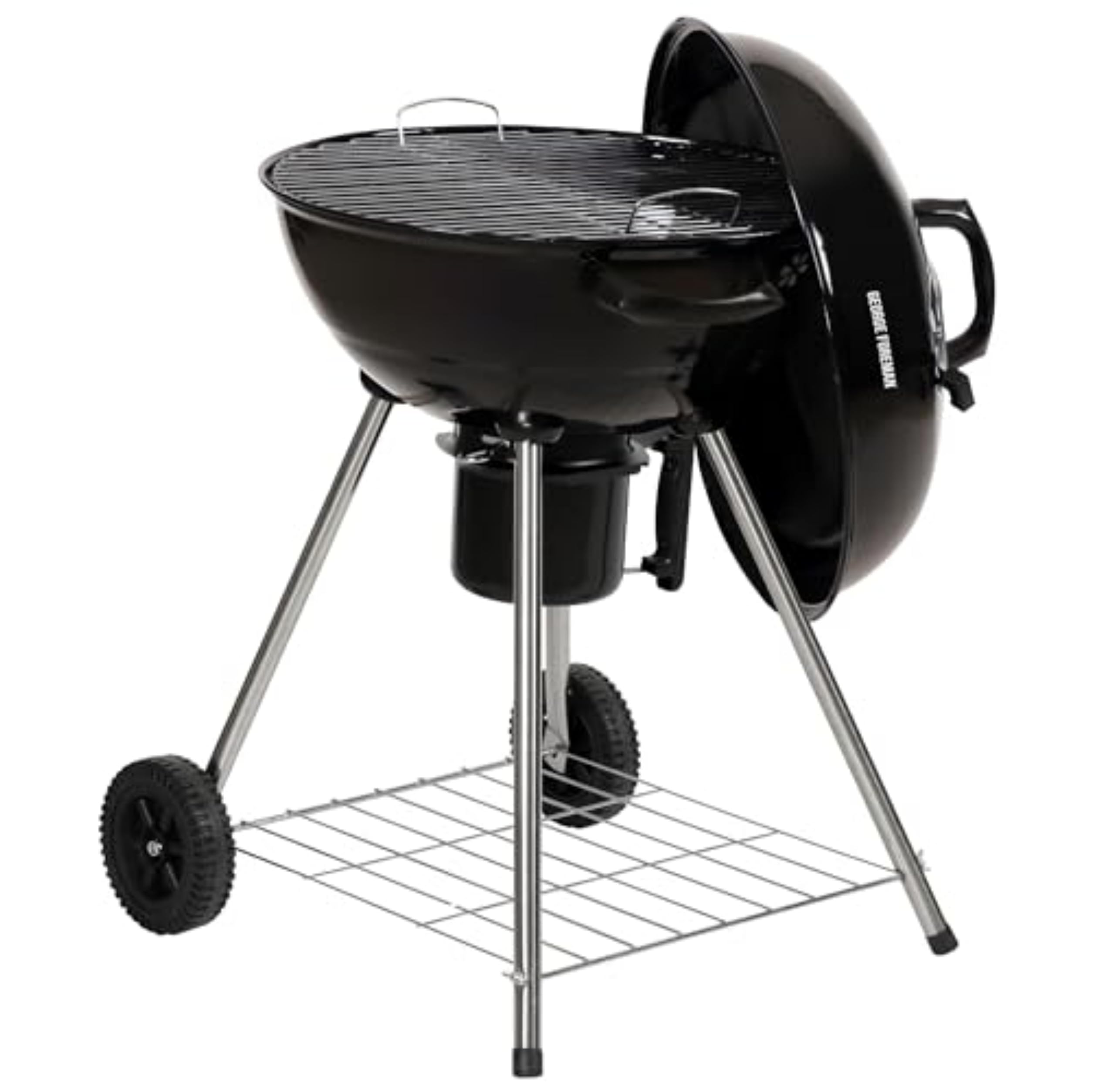 George Foreman Portable Charcoal BBQ Round Kettle 47.5 cm, Adjustable Vent, Integrated Thermometer, Charcoal Barbecue, Stand & 2 Wheels with Chrome Grill, GFKTBBQ, 60x51x90
