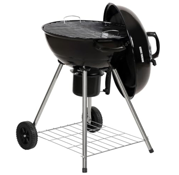 George Foreman Portable Charcoal BBQ Round Kettle 47.5 cm, Adjustable Vent, Integrated Thermometer, Charcoal Barbecue, Stand & 2 Wheels with Chrome Grill, GFKTBBQ, 60x51x90