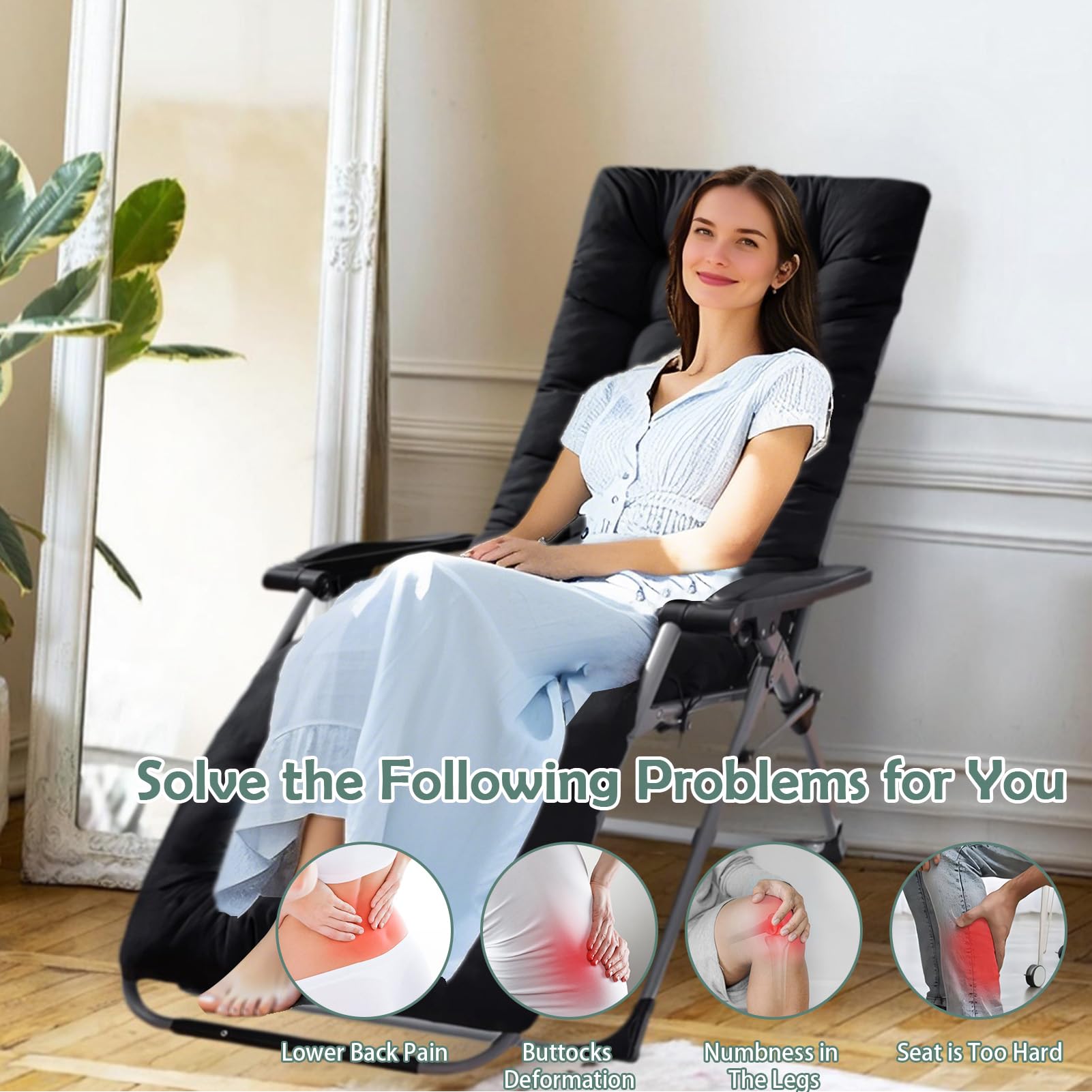 High Back Sun Lounger Replacement Cushion: 170x53 cm Padded Soft Non Slip Ties Outdoor Indoor Use for Reclining Garden Chair Patio Beach Porch Furniture