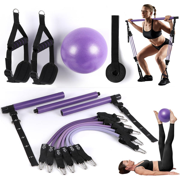ALongSong Pilates Bar Set With 6 Latex Elastic Resistance Bands 20-180LBS or 30-240LBS & Door Anchor Pilates Equipment For Home Gym Workout Fitness