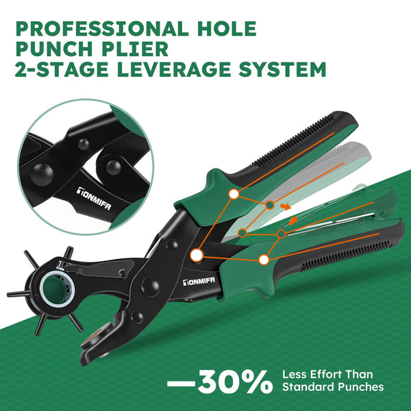 Professional Leather Hole Punch Plier - Tonmifr Heavy Duty 6 Sizes Belt & Watch Band Hole Puncher Tool, Leather Craft Tool for Belts, Handbags, Straps, Precision Ground Punches with Non-Slip Grips