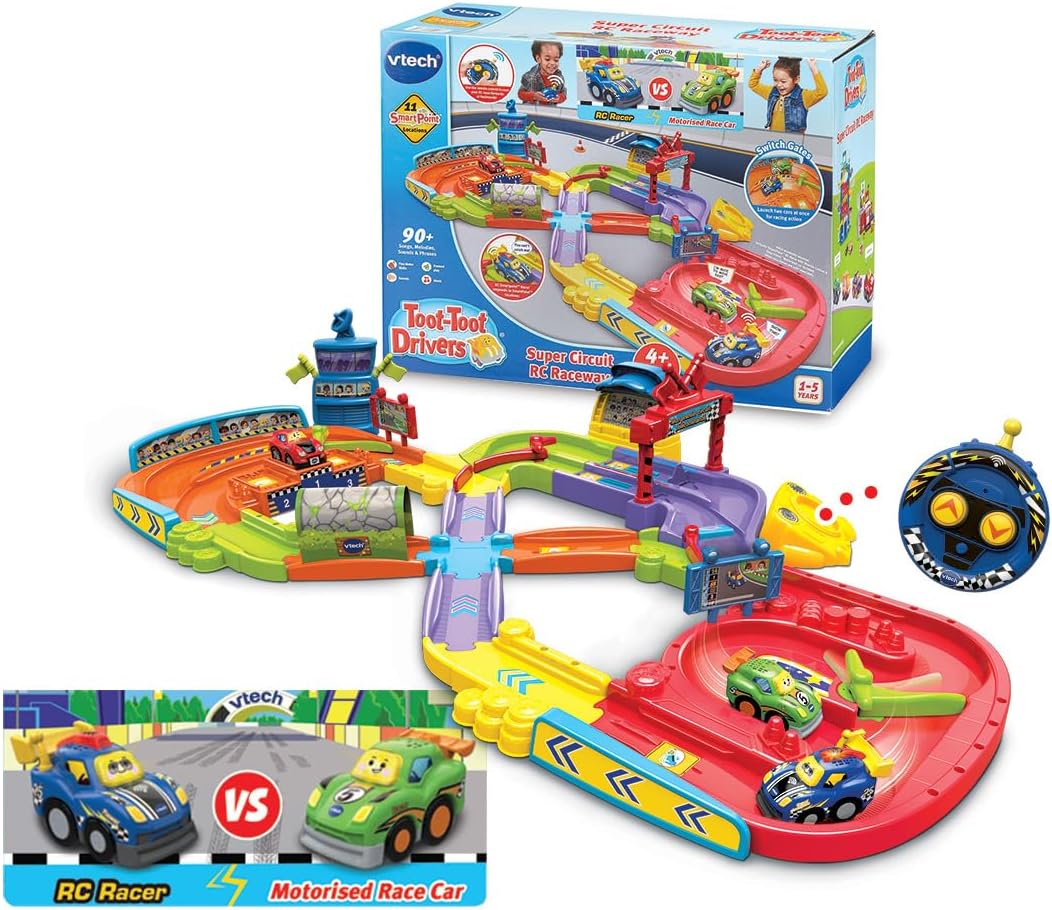 VTech Toot-Toot Drivers Super Circuit RC Raceway, Toy Car Playset with 2 Vehicles Included, 3 Exciting Crash Zones, Songs & Fun Phrases, Interactive Toddler Toy 12 Months, 2, 3, 4 +, English Version