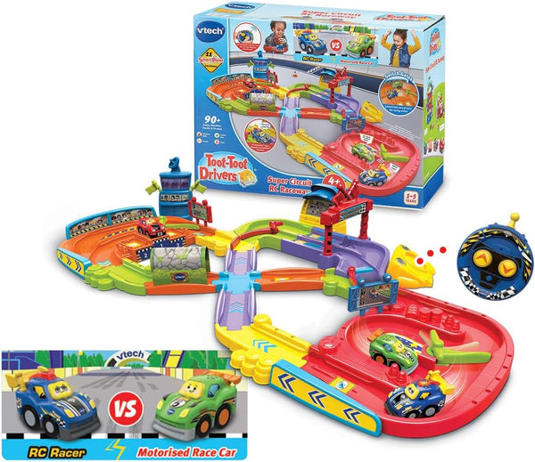 VTech Toot-Toot Drivers Super Circuit RC Raceway, Toy Car Playset with 2 Vehicles Included, 3 Exciting Crash Zones, Songs & Fun Phrases, Interactive Toddler Toy 12 Months, 2, 3, 4 +, English Version