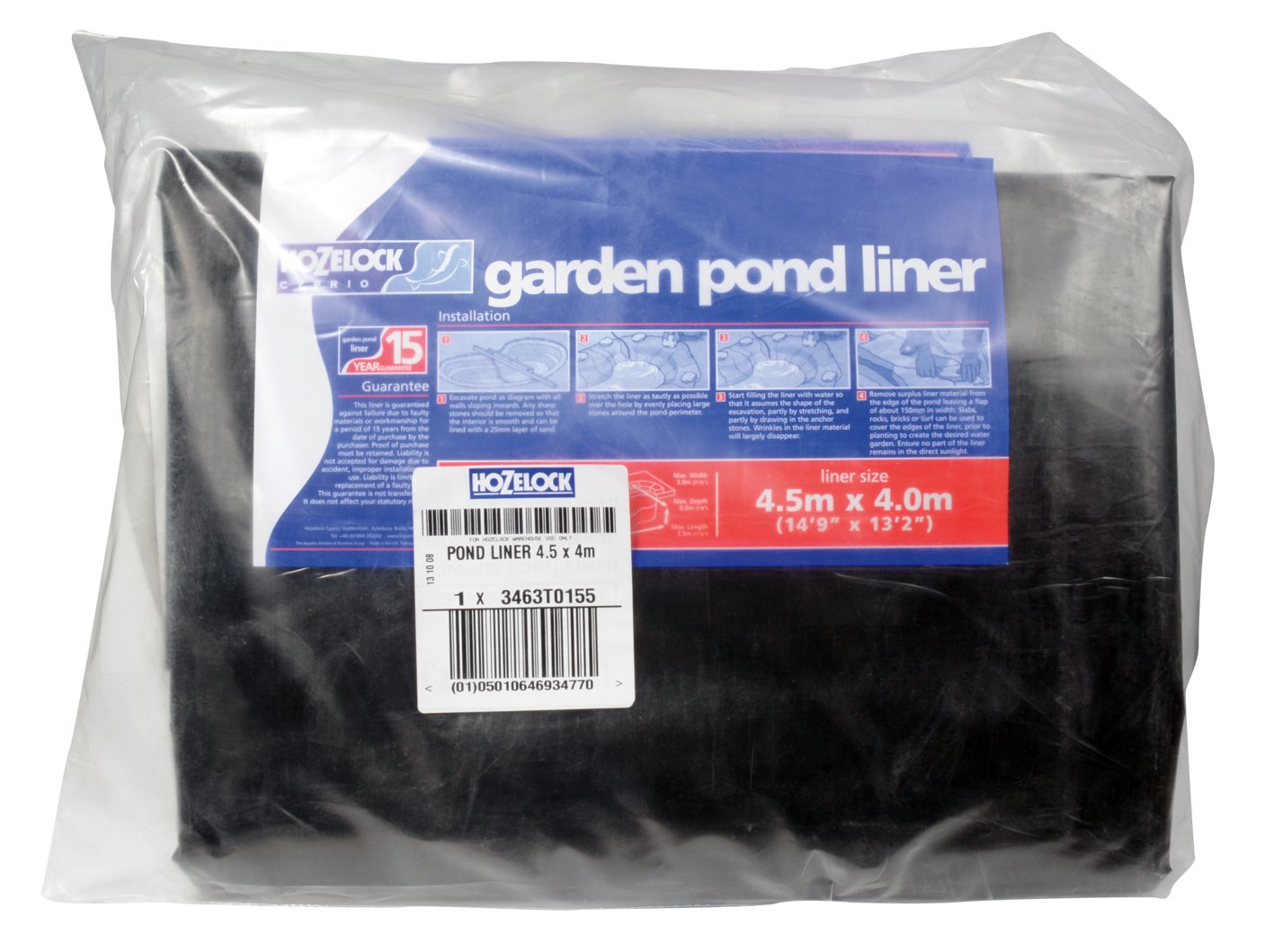 HOZELOCK - Pond Liner Size L (4,5m x 4m) : Ideal for Small Ponds and Koi Pools, Robust and Durable Liner [3463T0155], Black