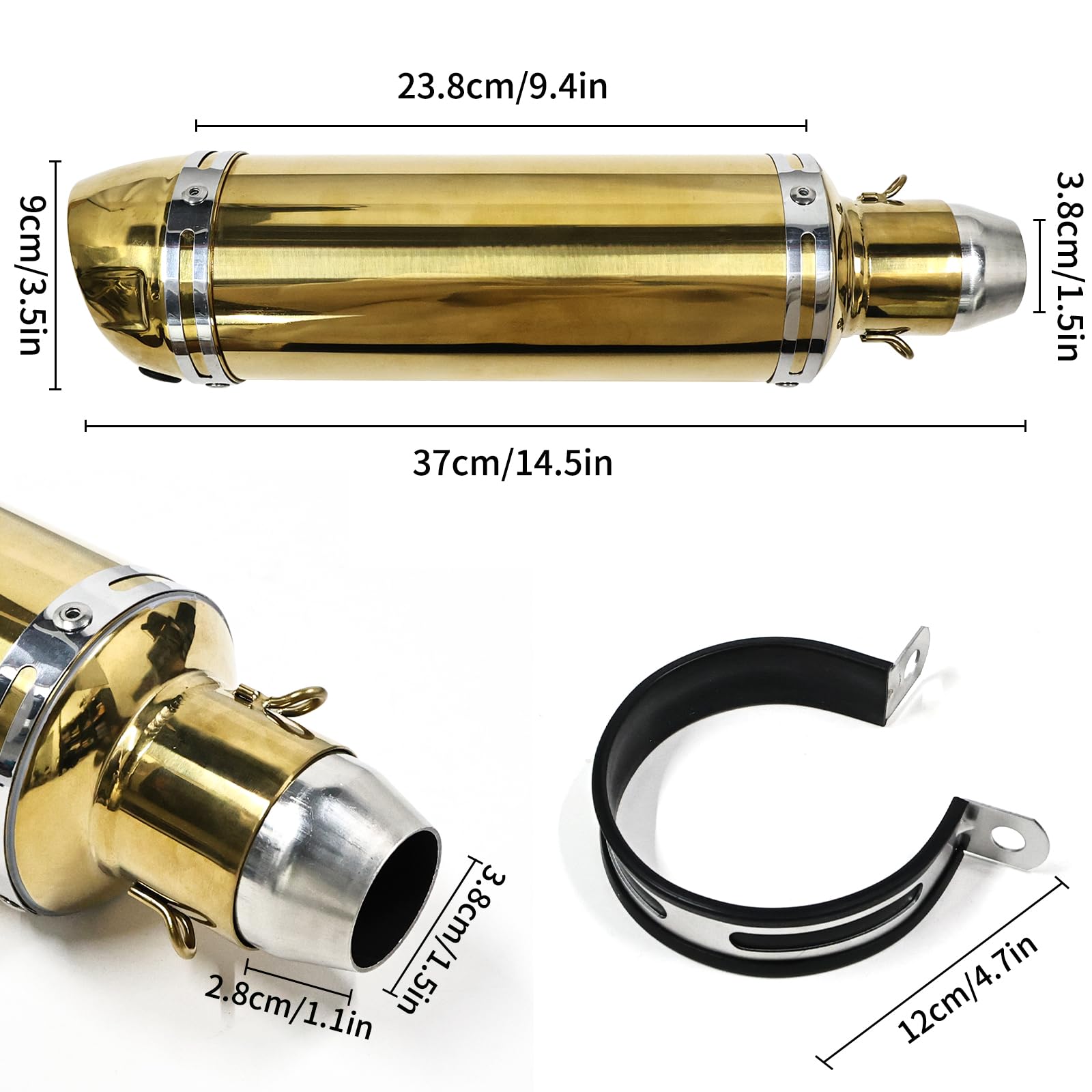 38mm 51mm Universal Motorcycle Golden Muffler Exhaust Stainless Steel Slip on Exhaust Pipe 1.5" 2" for Dirt Bike Street Bike Scooter ATV